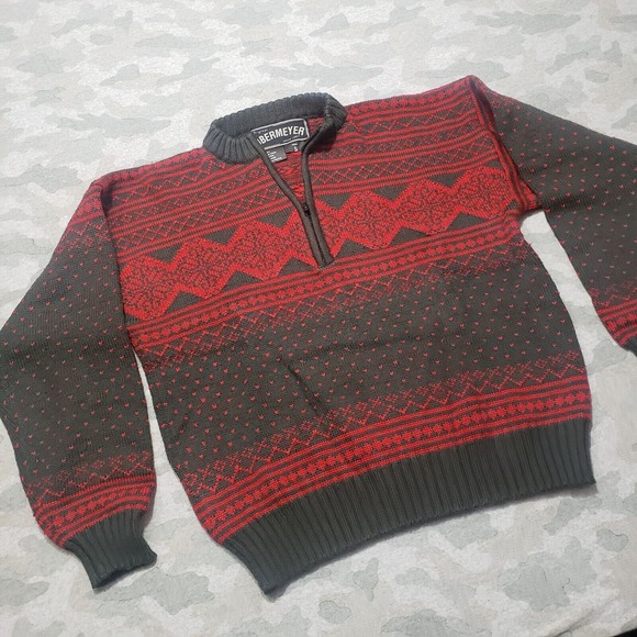 Vintage Obermeyer Sweater Men's Small Gray Wool Fair Isle Birds Eye - Picture 2 of 9